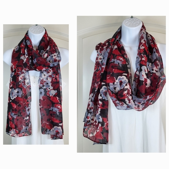 Black, Red and White Floral Print Lightweight Scarf -  70" x 20" - Picture 6 of 8